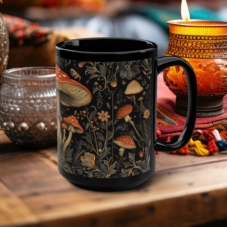 hippieartzone Mug - Mushrooms & Wildflowers Coffee Mug.