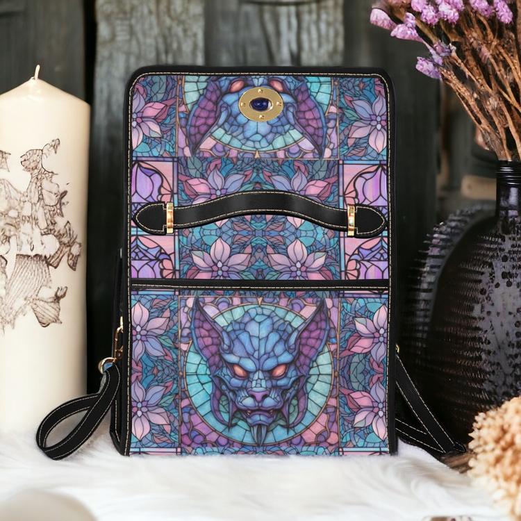 Gothic Stained Glass Gargoyle Canvas Satchel Handbag For Boho Hippie