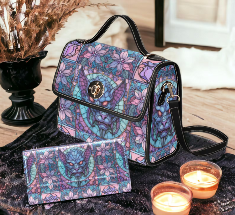 Gothic Stained Glass Gargoyle Canvas Satchel Handbag For Boho Hippie
