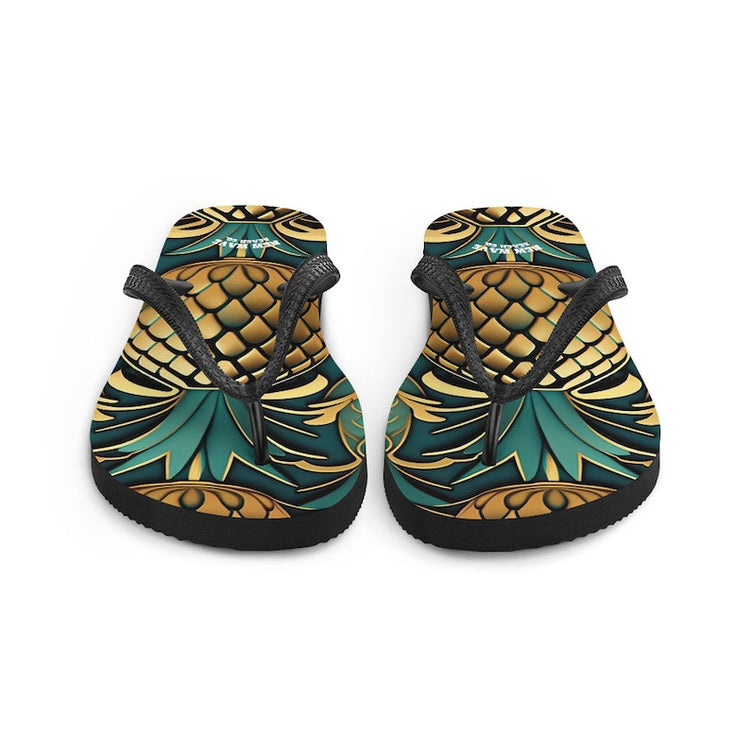 hippieartzone - Art Deco Pineapple Yellow Gold Green Funky Fruit Flip Flops Colorful.