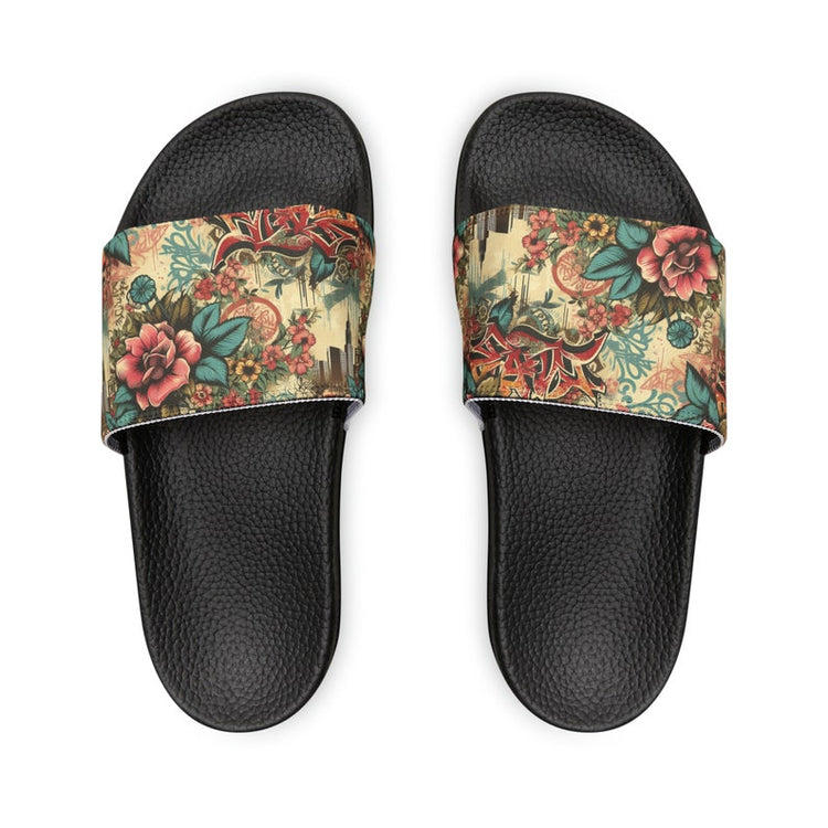 hippieartzone - Floral Graffiti Urban Jungle Women's PU Slide Sandals.