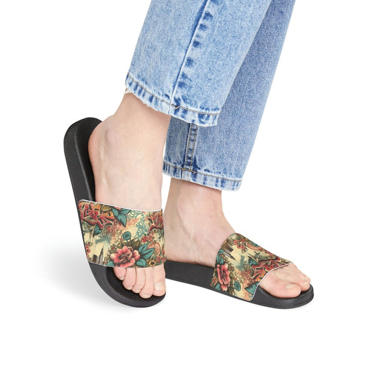 hippieartzone - Floral Graffiti Urban Jungle Women's PU Slide Sandals.