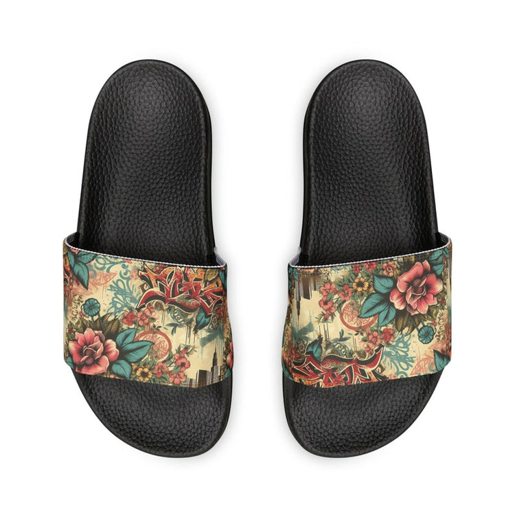 hippieartzone - Floral Graffiti Urban Jungle Women's PU Slide Sandals.