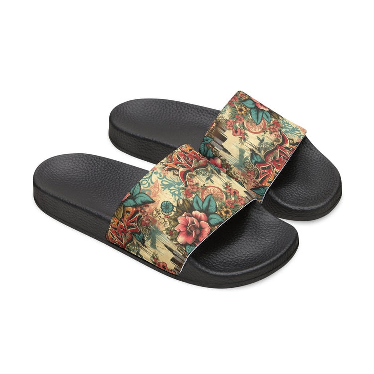 hippieartzone - Floral Graffiti Urban Jungle Women's PU Slide Sandals.