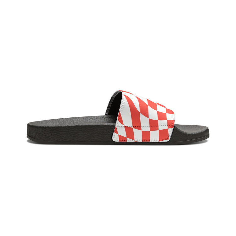 hippieartzone - Retro Checkered Print Slides Groovy Checkered Print Slides Slip-On 90's Style Inspired Sandals Summer-time Flip-Slops Cute Wavy Checkers