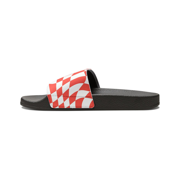 hippieartzone - Retro Checkered Print Slides Groovy Checkered Print Slides Slip-On 90's Style Inspired Sandals Summer-time Flip-Slops Cute Wavy Checkers