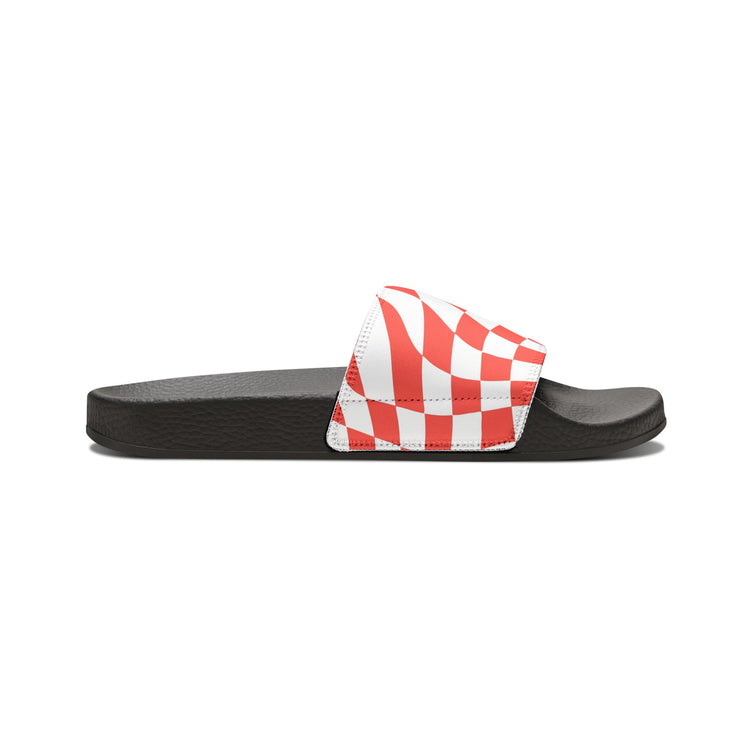 hippieartzone - Retro Checkered Print Slides Groovy Checkered Print Slides Slip-On 90's Style Inspired Sandals Summer-time Flip-Slops Cute Wavy Checkers