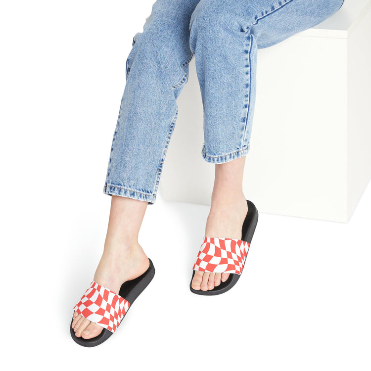 hippieartzone - Retro Checkered Print Slides Groovy Checkered Print Slides Slip-On 90's Style Inspired Sandals Summer-time Flip-Slops Cute Wavy Checkers
