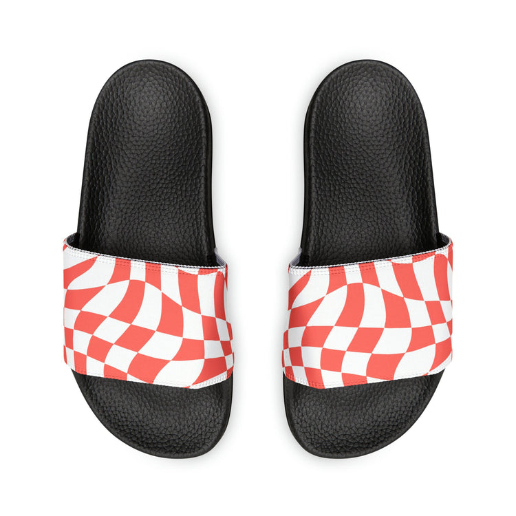 hippieartzone - Retro Checkered Print Slides Groovy Checkered Print Slides Slip-On 90's Style Inspired Sandals Summer-time Flip-Slops Cute Wavy Checkers