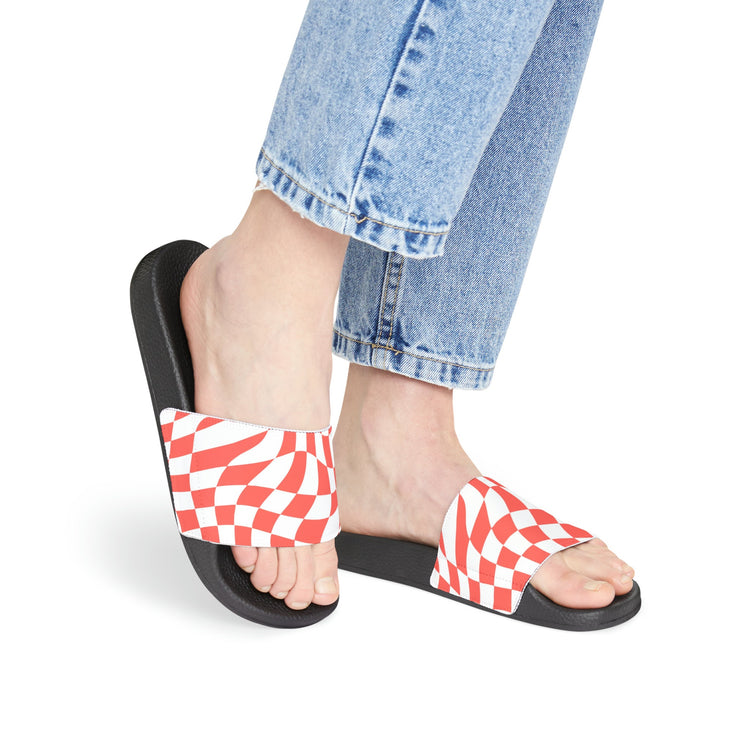hippieartzone - Retro Checkered Print Slides Groovy Checkered Print Slides Slip-On 90's Style Inspired Sandals Summer-time Flip-Slops Cute Wavy Checkers