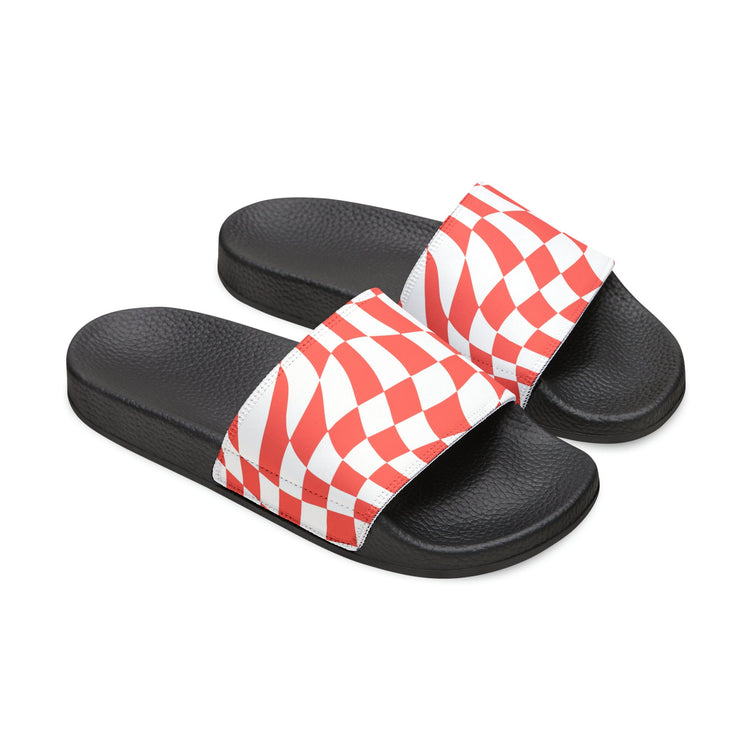hippieartzone - Retro Checkered Print Slides Groovy Checkered Print Slides Slip-On 90's Style Inspired Sandals Summer-time Flip-Slops Cute Wavy Checkers