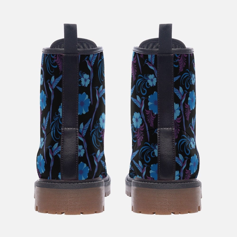 Hippie Art Zone - Vegan Leather Boots With Blue Floral And Bird Design: Stylish And Sustainable Women's Footwear