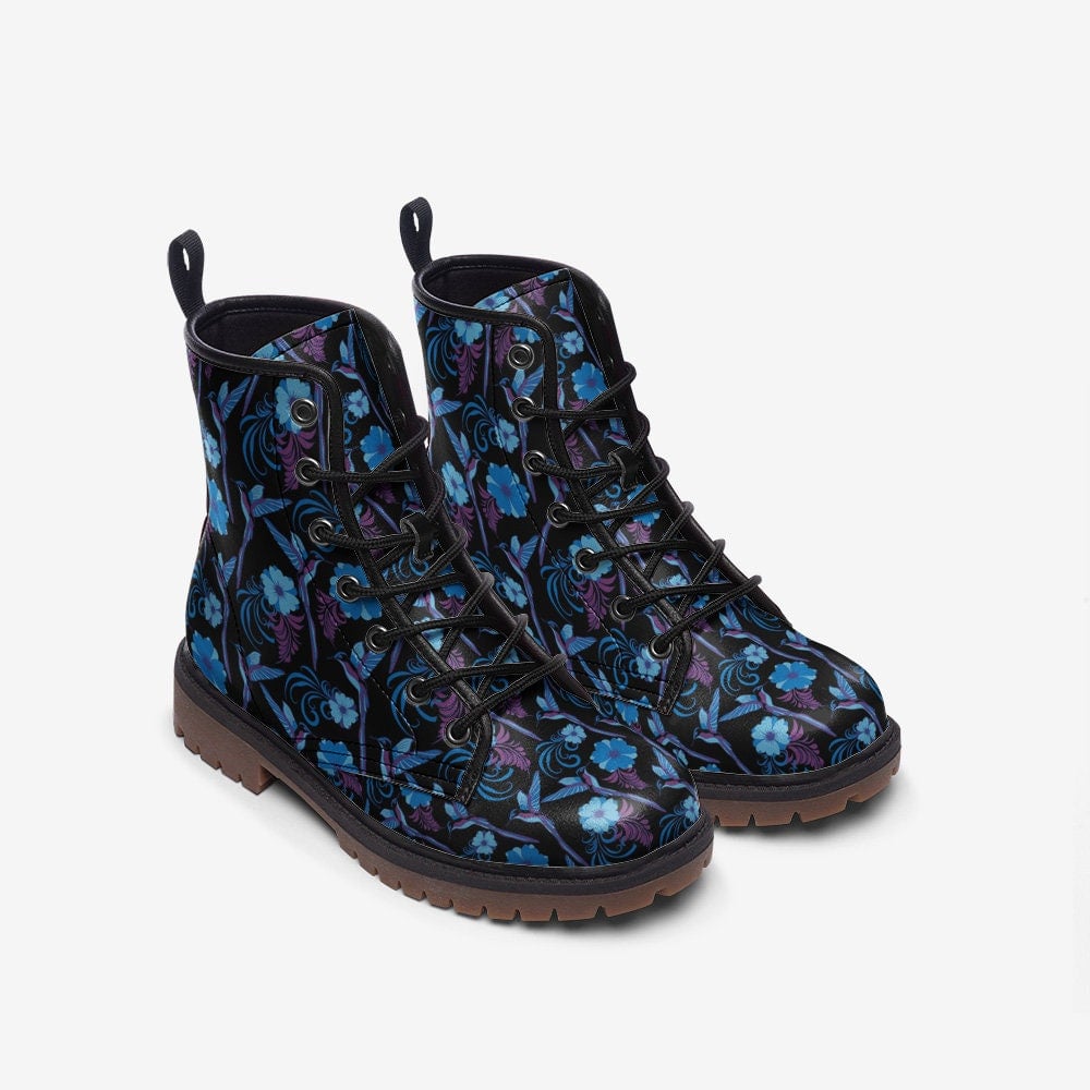 Hippie Art Zone - Vegan Leather Boots With Blue Floral And Bird Design: Stylish And Sustainable Women's Footwear