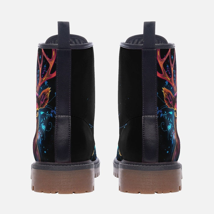 Hippie Art Zone - Deer Combat Boots, Neon Glowing, Vegan Leather
