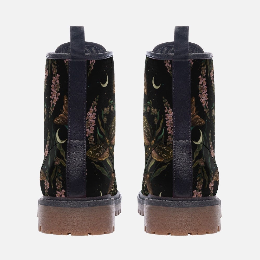 Hippie Art Zone - Magical Death's Head Hawkmoth And Snapdragon Flowers Vegan Leather Combat Boots