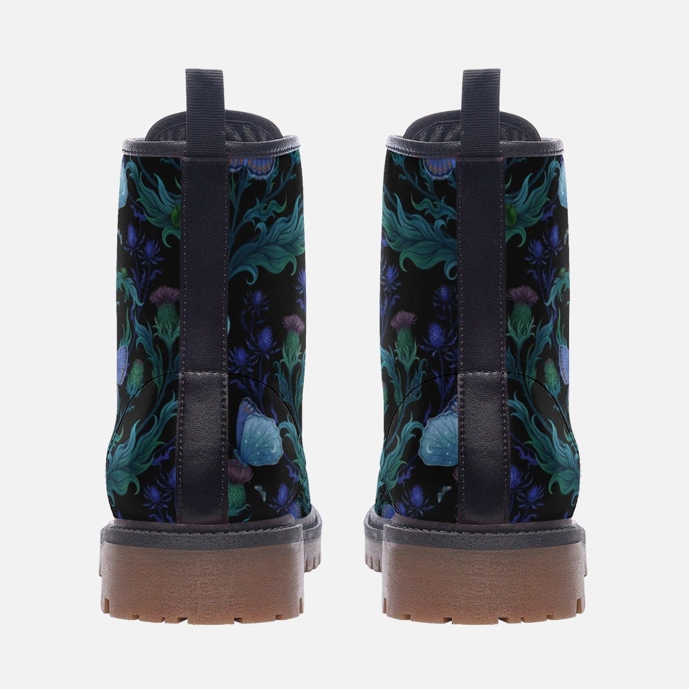 Hippie Art Zone - Magical Night Moth & Thistle Plant Vegan Leather Lightweight Combat Boots