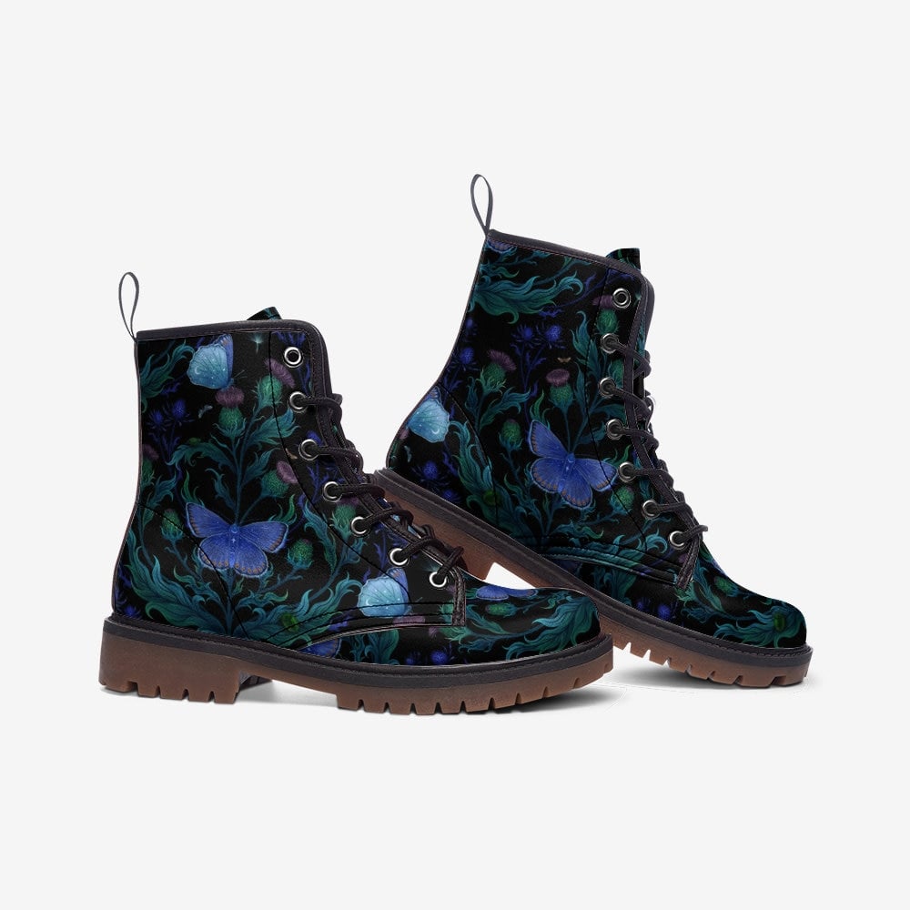Hippie Art Zone - Magical Night Moth & Thistle Plant Vegan Leather Lightweight Combat Boots