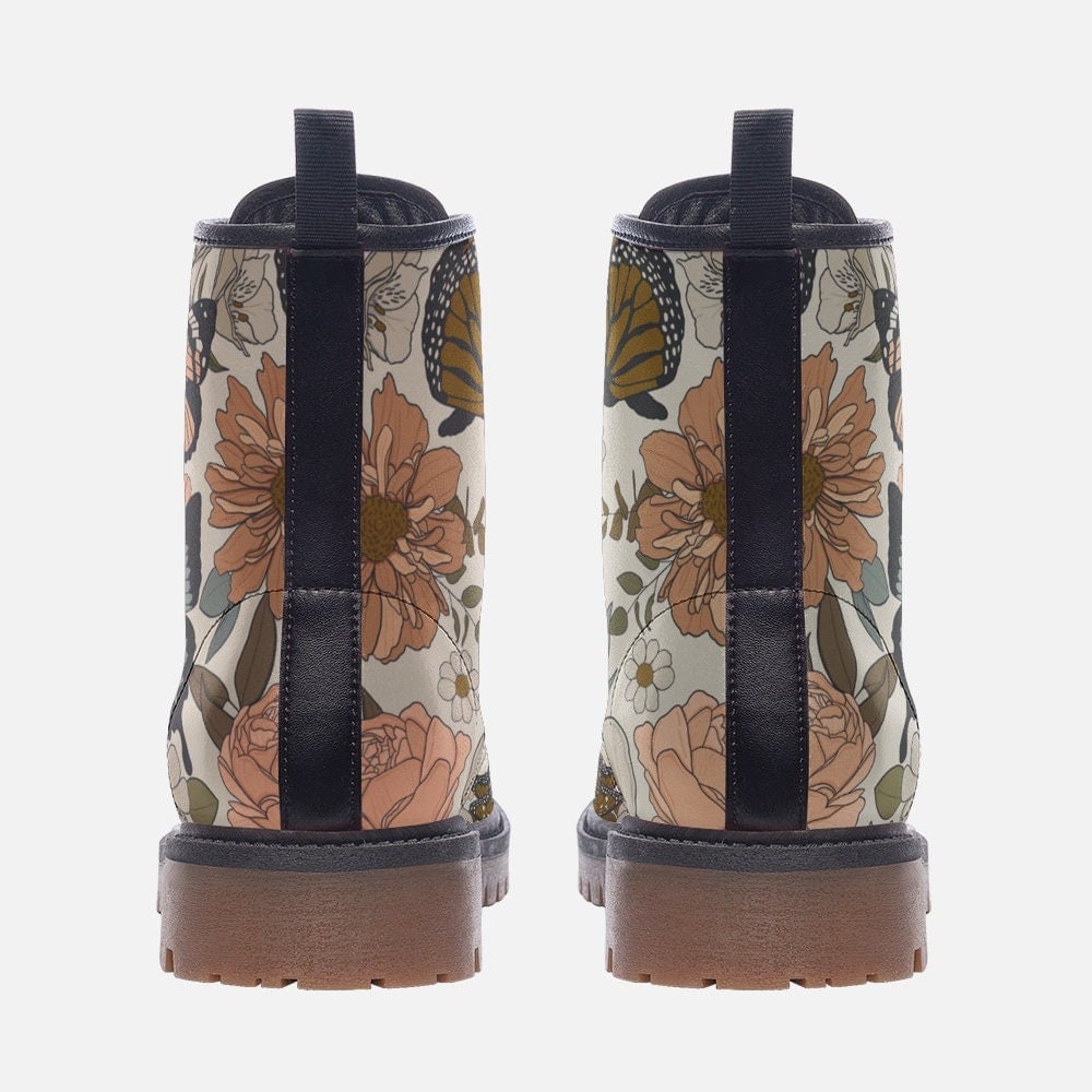 Hippie Art Zone - Retro Butterflies & Flowers Vegan Leather Combat Boots For Granola Girl Gift