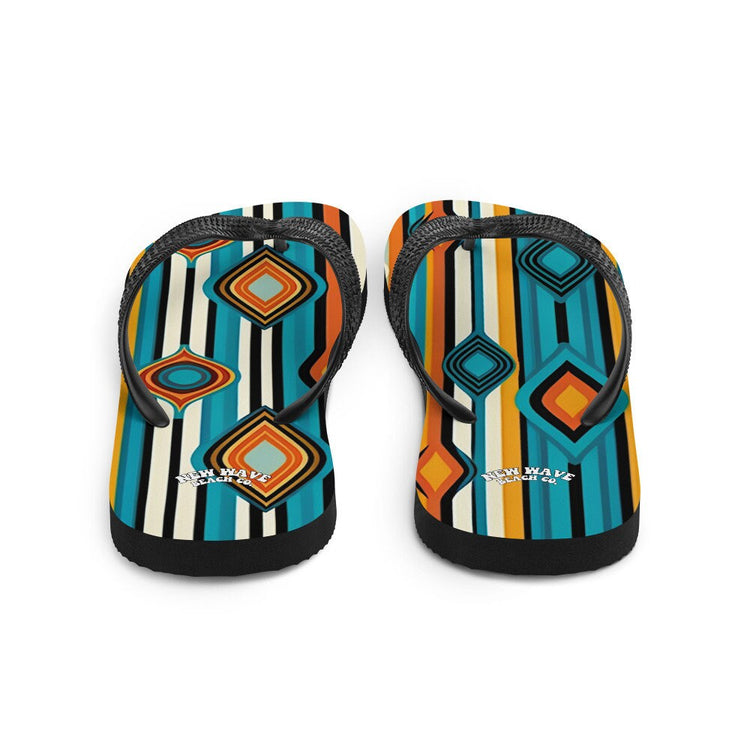 hippieartzone - Retro Yellow Blue Orange Striped Flip Flops Colorful