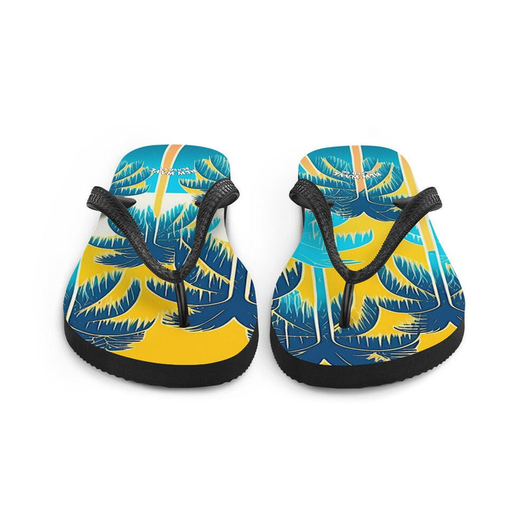hippieartzone - Retro Yellow Blue Tropical Palm Trees Flip Flops Colorful