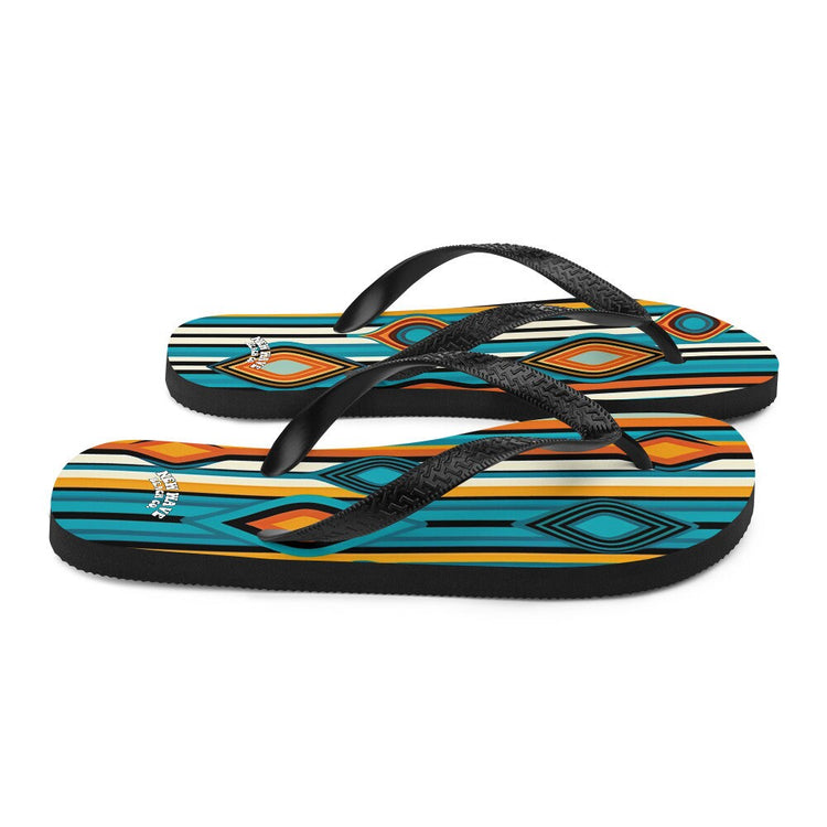 hippieartzone - Retro Yellow Blue Orange Striped Flip Flops Colorful