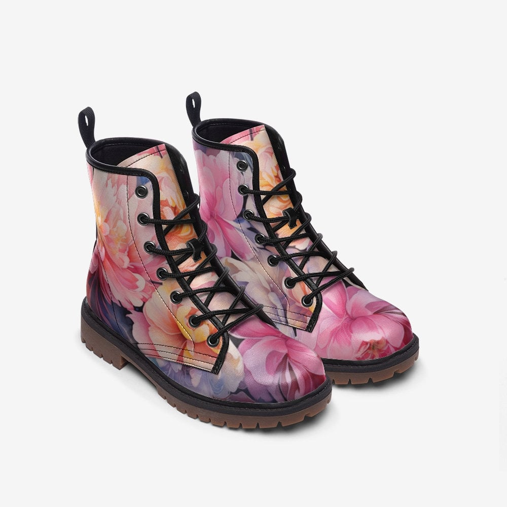 Hippie Art Zone - Painted Flowers Casual Faux Leather Lightweight Boots