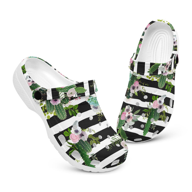 hippieartzone - Stripes Cactus and flowers pattern Unisex Classic Clogs for Men and Women