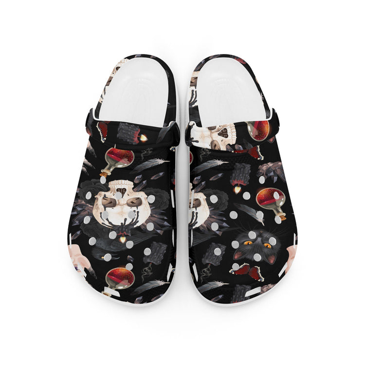 hippieartzone - Gothic Cat Raven Potion and Skull Clogs for Men and Women, printed clogs, ,