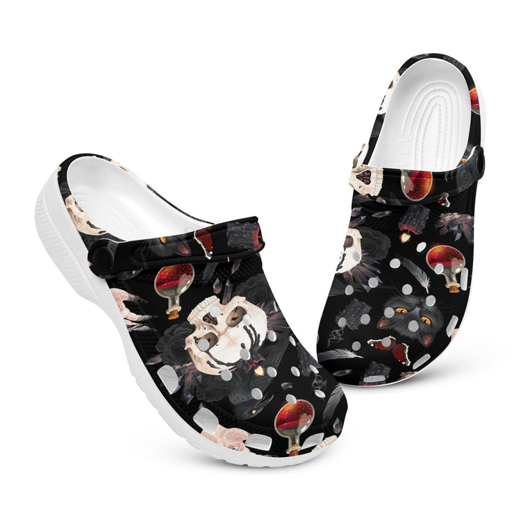 hippieartzone - Gothic Cat Raven Potion and Skull Clogs for Men and Women, printed clogs, ,