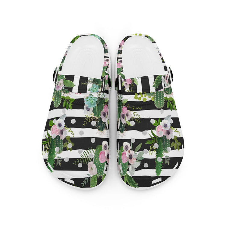 hippieartzone - Stripes Cactus and flowers pattern Unisex Classic Clogs for Men and Women