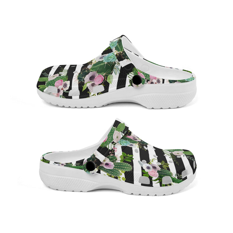 hippieartzone - Stripes Cactus and flowers pattern Unisex Classic Clogs for Men and Women