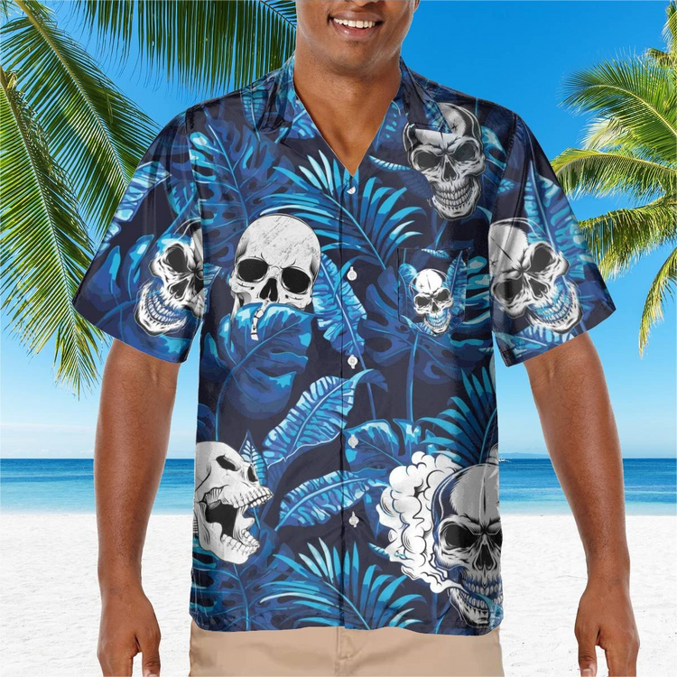 hippieartzone - BLUE SKULL TROPICAL HAWAIIAN SHIRT.