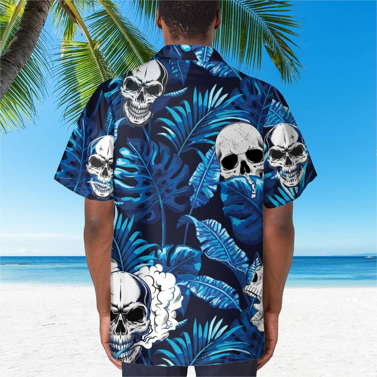 hippieartzone - BLUE SKULL TROPICAL HAWAIIAN SHIRT.