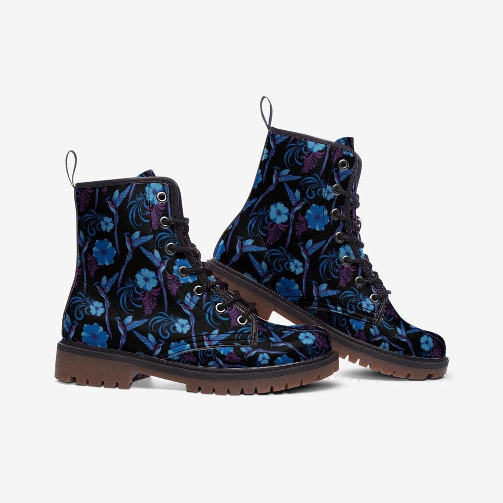 Hippie Art Zone - Vegan Leather Boots With Blue Floral And Bird Design: Stylish And Sustainable Women's Footwear