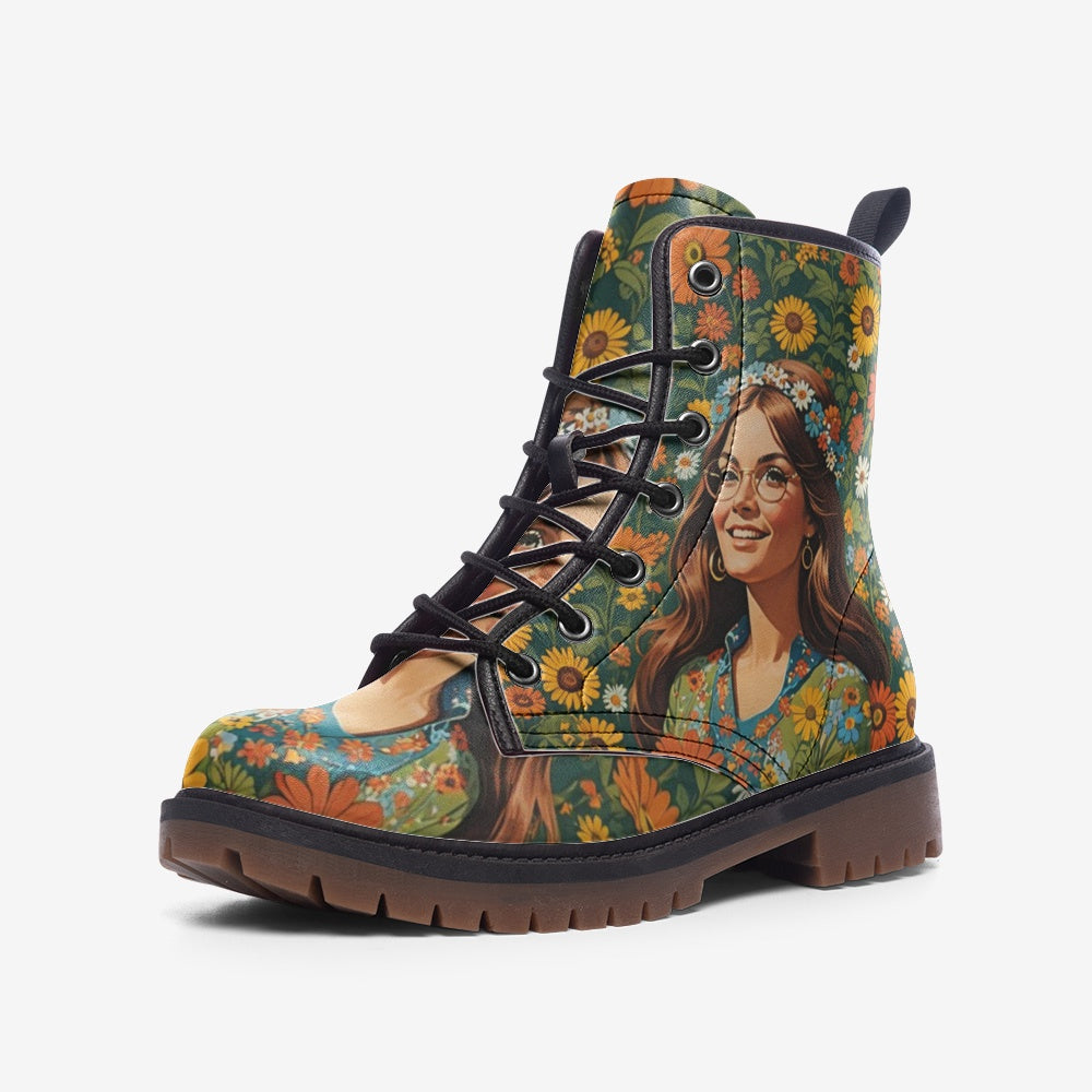 Hippie Art Zone - Cheerful Girl with Flowers Casual Leather Lightweight Boots for Hippies