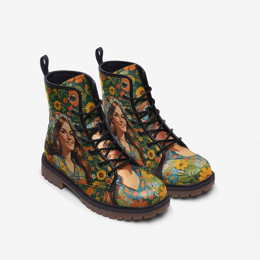 Hippie Art Zone - Cheerful Girl with Flowers Casual Leather Lightweight Boots for Hippies