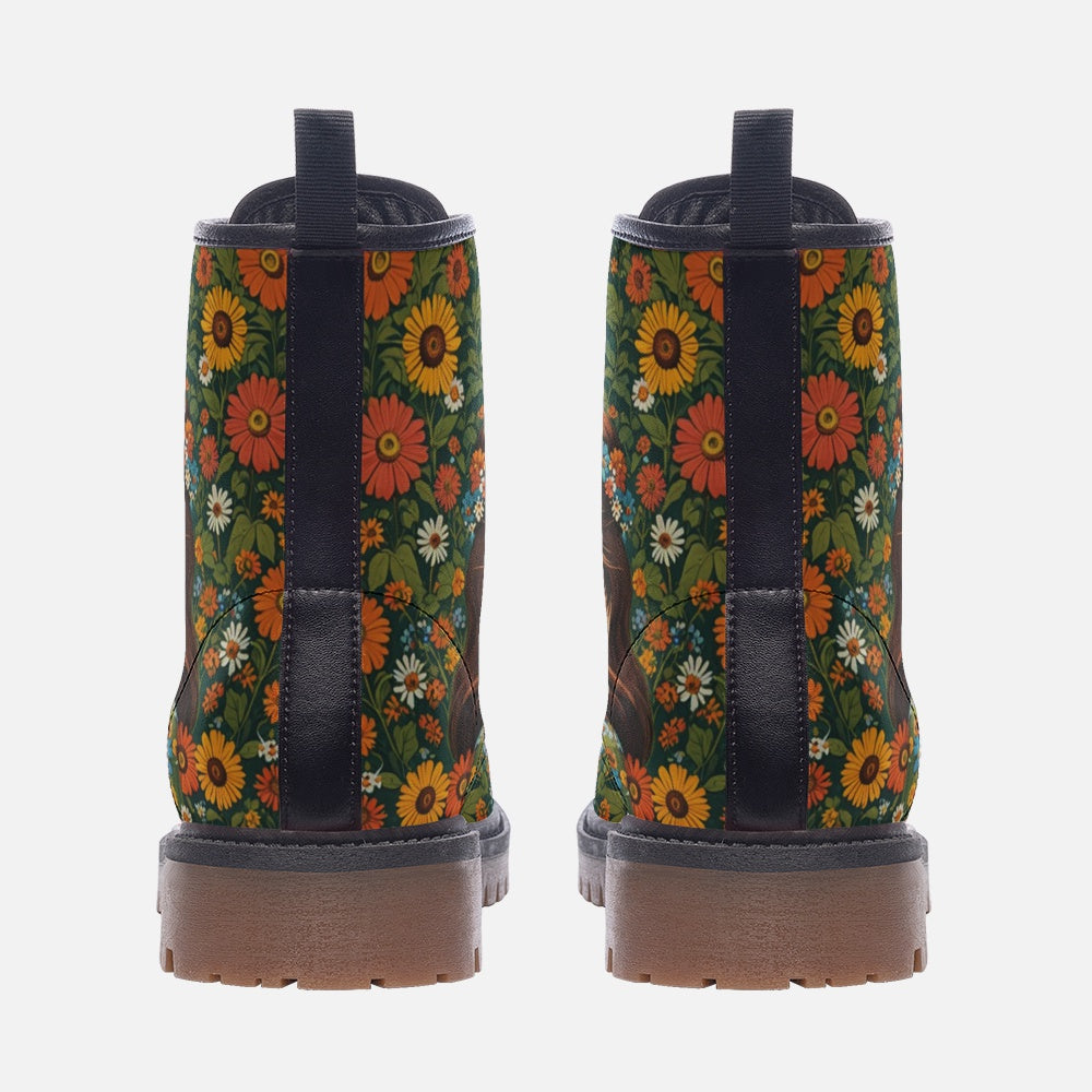 Hippie Art Zone - Cheerful Girl with Flowers Casual Leather Lightweight Boots for Hippies