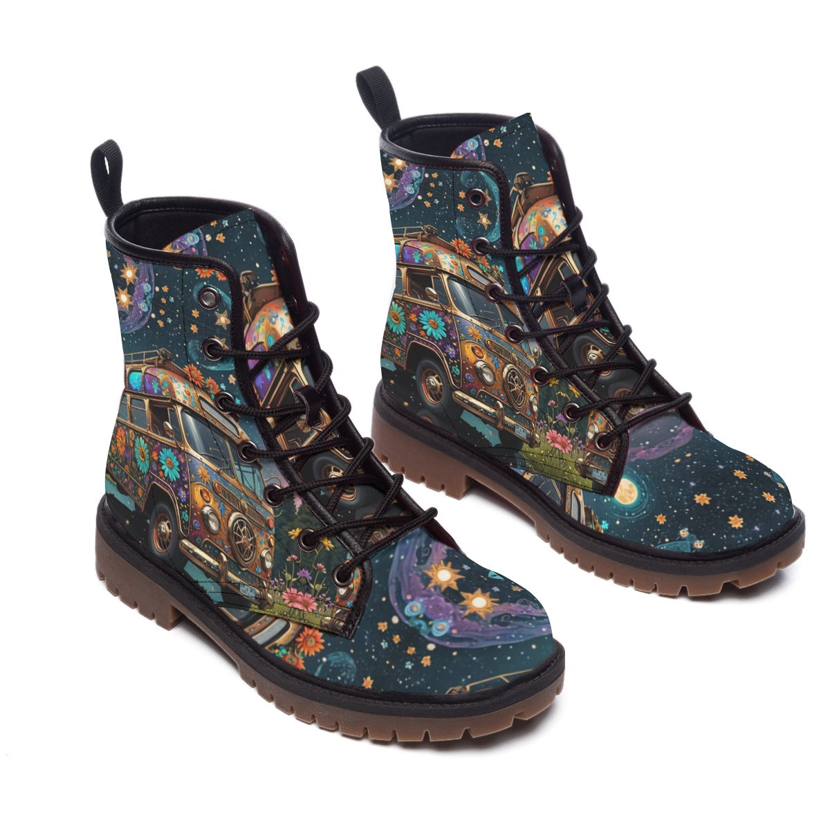 Hippie Art Zone - Vegan Leather Combat Boots & Retro Van Bus Under the Starry Sky â?? Adventure Awaits