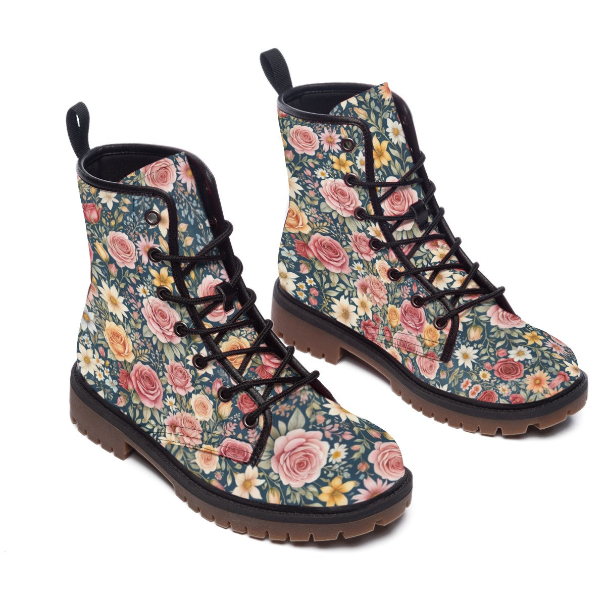 Hippie Art Zone - Floral Pink Vegan Leather Combat Boots, Boho Style For Hippie