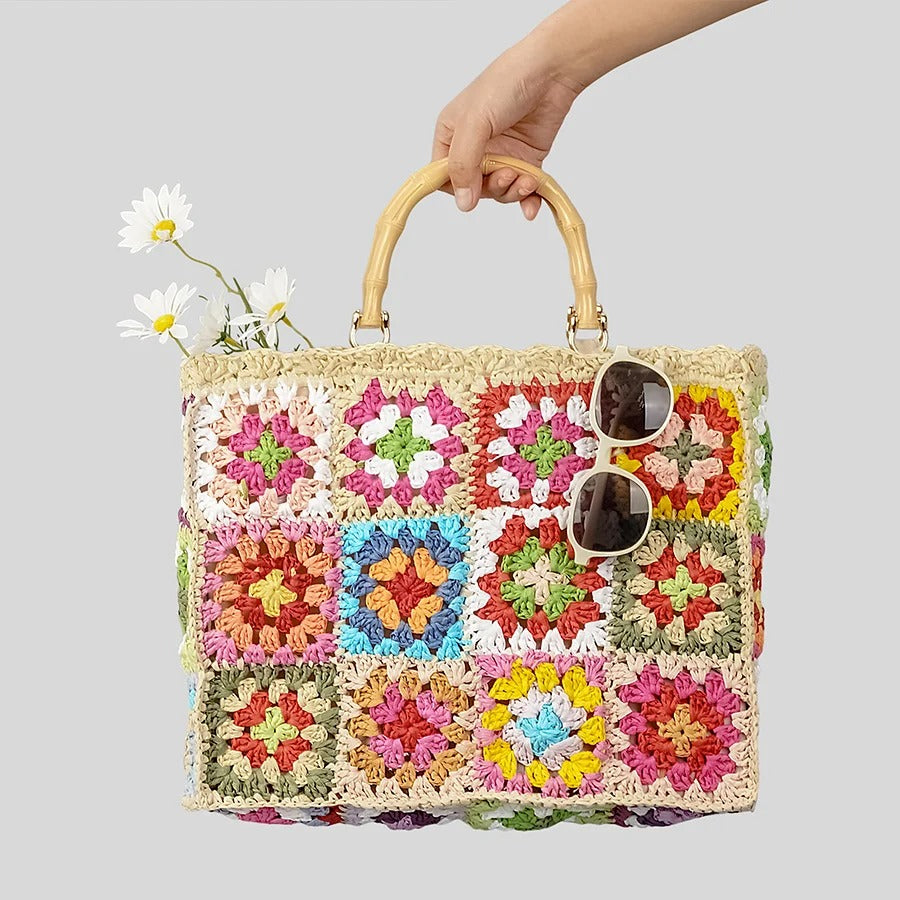 hippieartzone - Bohemian Granny Square Staw Handbags.