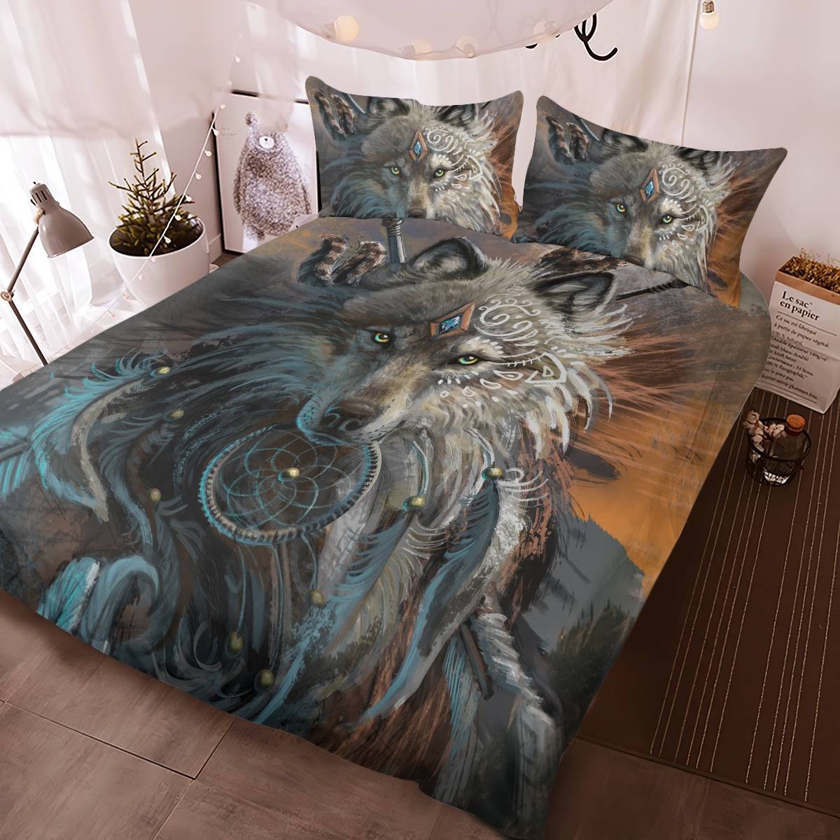 hippieartzone - Native American Wolf Spirit Bedding Set