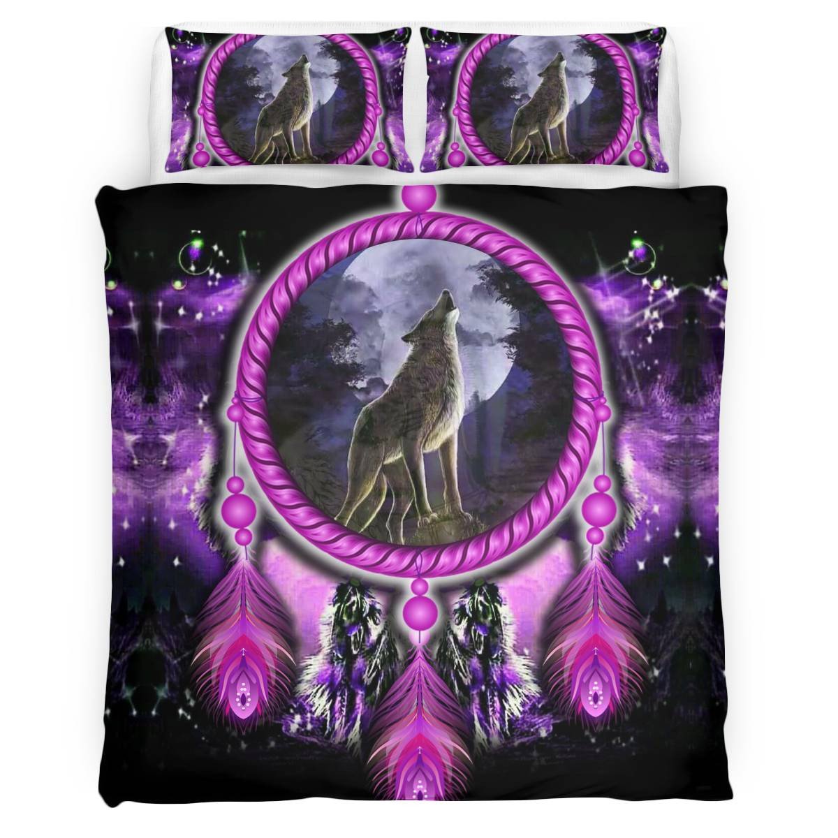 hippieartzone - Native American Wolf On Violet Dream Catcher Skull Bedding Set