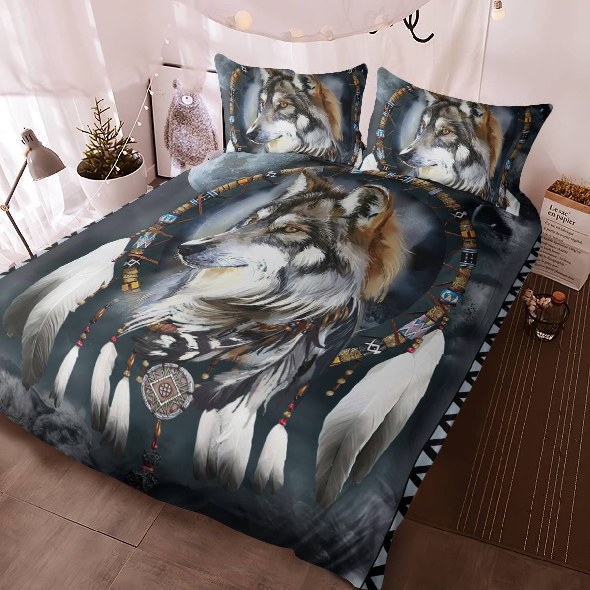 hippieartzone - Native American Wolf Dreamcatcher Bedding Set