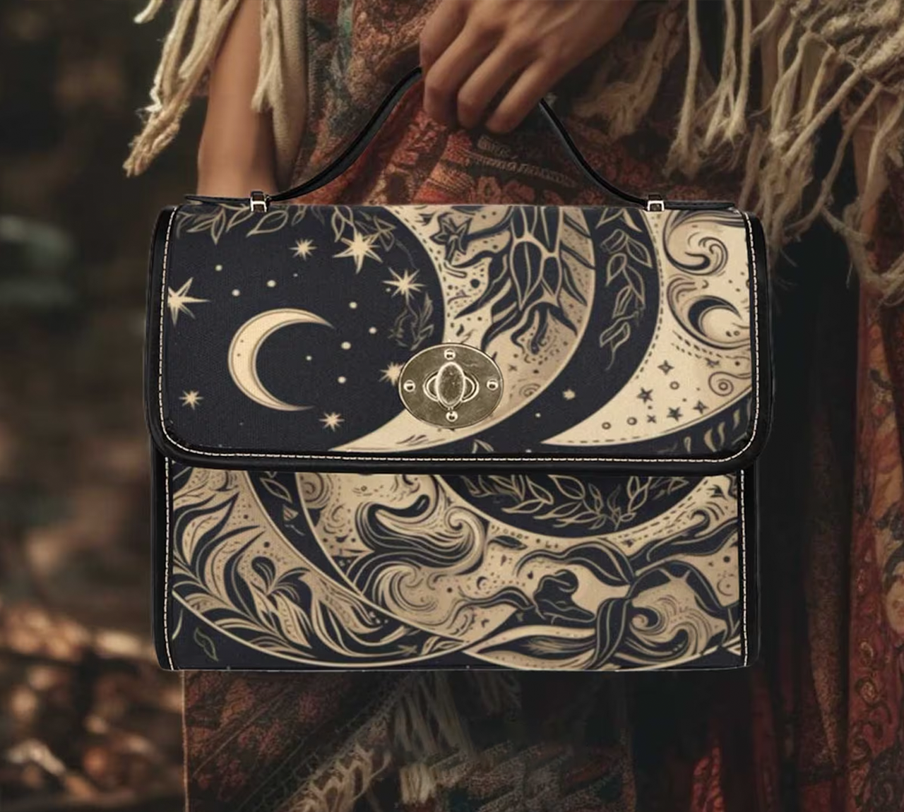 Wicca Moon Child Mystical Canvas Satchel Handbag For Boho Hippie