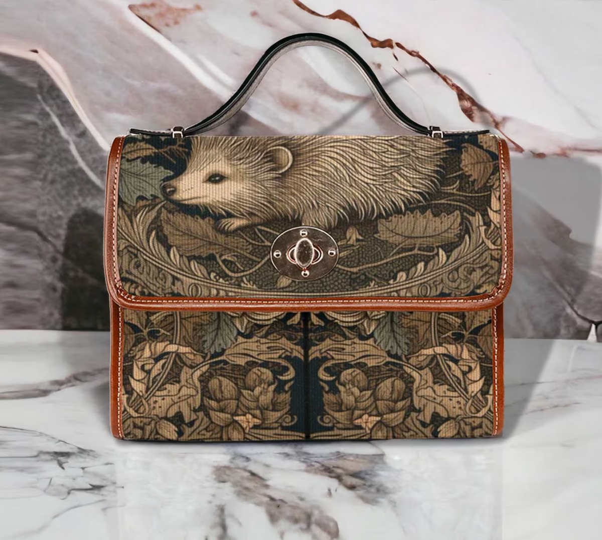 Retro Hedgehog In The Wood Canvas Satchel Handbag For Boho Hippie