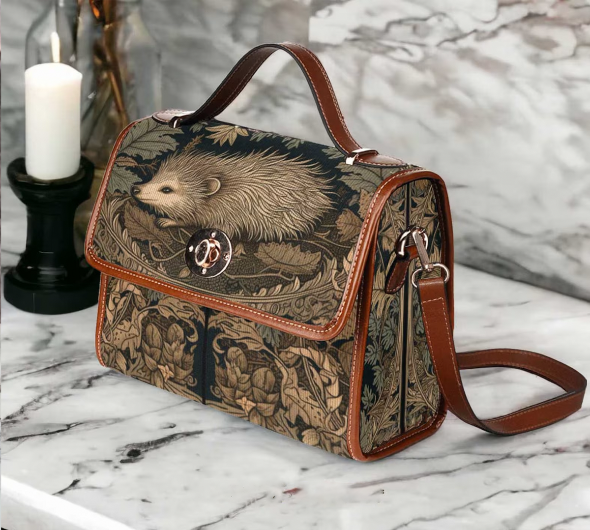 Retro Hedgehog In The Wood Canvas Satchel Handbag For Boho Hippie