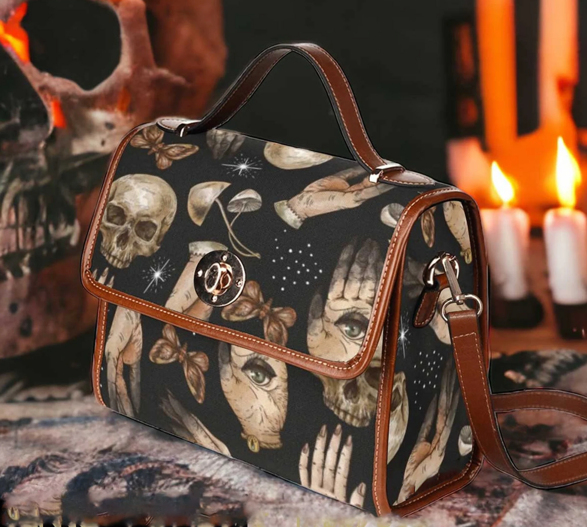 Witch Hand Eye Skull Canvas Satchel Handbag For Boho Hippie