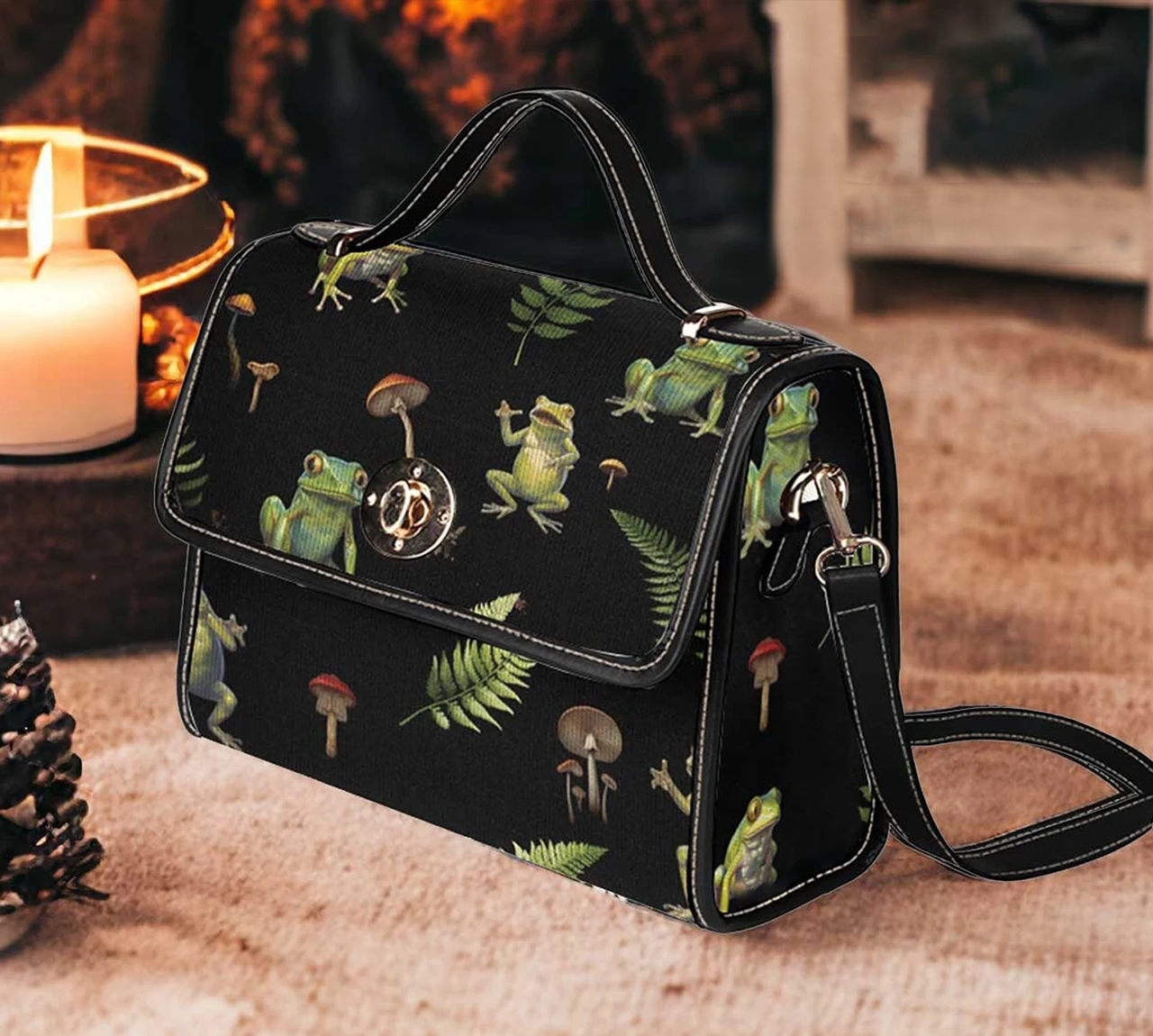Goblincore Cute Frog Mushroom Forest Canvas Satchel Handbag For Boho Hippie