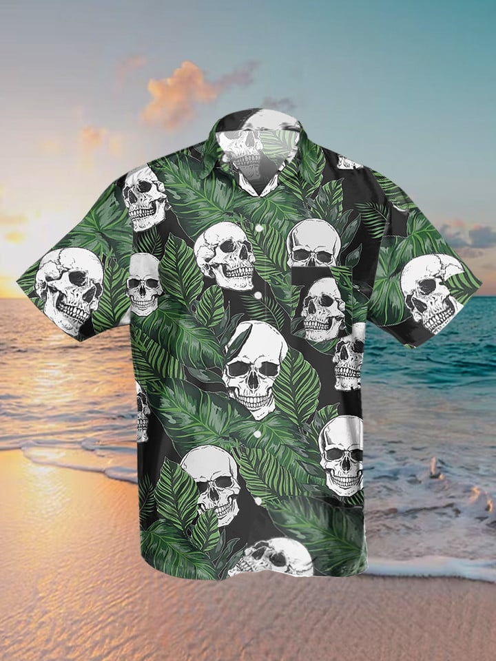 hippieartzone - GREEN SKULL TROPICAL HAWAII SHIRT.