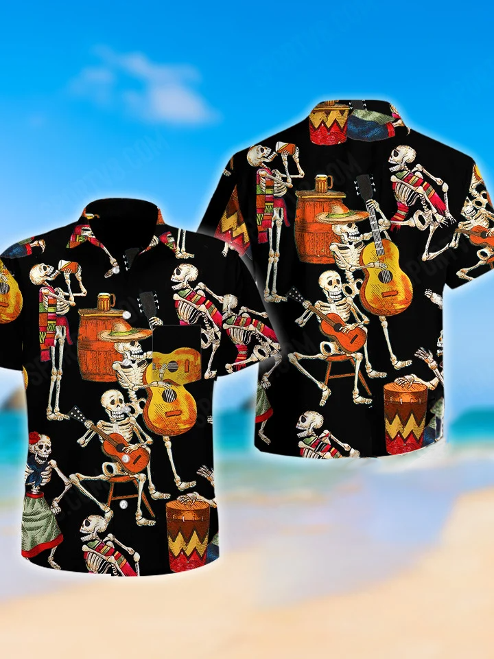 hippieartzone - MANY SKELETON GUITAR HAWAII SHIRT.